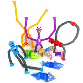HRWTOYS 9 Pieces Pop Tubes Robot Mixed Animal Gift Box, Shape Changing Telescopic Fidget Toys, Sensory Tubes for Toddlers, Girls and Boys (Regular)