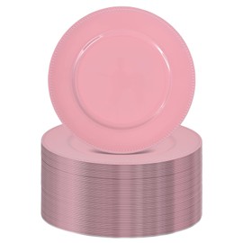 FXKS 50 Pcs Pink Charger Plates Round Charger Plates13 Inch Bulk Wedding Dinner Elegant Reusable Plastic Chargers Plates Wedding Holiday Party Baby Shower Event Decoration (Pink)