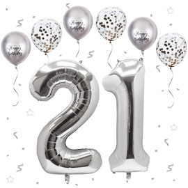 VUCDXOP Number 21 balloons Silver，21 Balloons Birthday Boy Girl,40Inch Foil Number 1 & 2 Balloons with 6 Silver Metal and Confetti Helium Balloons for 21th 12th Year Old Birthday Decorations