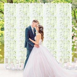 FANPROMS White Artificial Flower Backdrop - 12pcs 15x15 Inch 3D Floral Wall Panels for Wedding Party Photoshoot Background Decorations