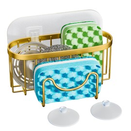 HapiRm 2 in 1 Kitchen Sink Caddy, SUS304 Stainless Steel Kitchen Sink Organizer, Sponge Holder for Kitchen Sink for Sink Stopper, Dish Sponges, Brush, No Drilling, Golden