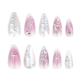 Rchovsam Medium Almond Press on Nails Purple Gradient Nails Press Ons 3D Silver Butterfly Designs False Nails Acrylic Full Cover Gel Fake Nails Gift for Women 24pcs