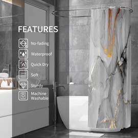 Gibelle Abstract Marble Shower Curtain, Grey Jade Texture Gold Stripes Ombre Watercolor Paint, Modern Ink Art Decor Waterproof Fabric Shower Curtain for Bathroom Set with Hooks, 71x71