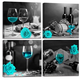 kitchen Wall-Art - Wine Wall Decor For Bedroom Women Black And White Wall Pictures Modern Art Decorations For Living Room - Teal Rose Artwork - Gray Cask Canvas 14x14 Inches x4 Framed