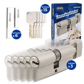 GERCAR GERCAR Pro Gleichschlie?end 3 Knaufzylinder 30/30 Set 3x Schlie?zylinder mit Knauf inkl. 15 Schlssel - 60 mm Trschloss Zylinderschloss 3er Zylinder - L?nge: 60mm, A:30 B:30 - Messing matt massiv