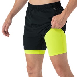 Pantalones cortos deportivos 2 en 1 para hombre de secado rápido de 5 pulgadas con bolsillos con cremallera, Azul marino, X-Large