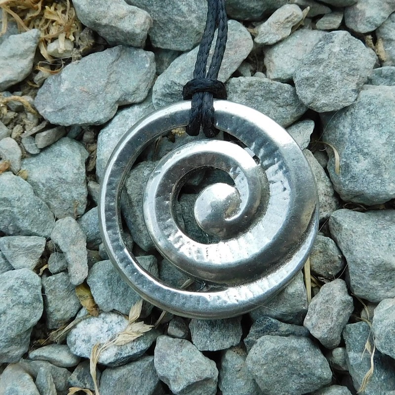 Handmade Pewter New Zealand Maori Spiral Pendant on Waxed Cord