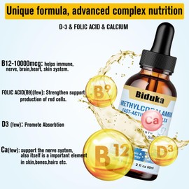 Biduka 10,000mcg Vitamin B12 Sublingual Liquid Drops, Unique Formula with D3, B9(Folic Acid), Calcium, Support Energy, Heart, Mood, Brain, Immune System, Vegetarian, Non-GMO & Gluten Free