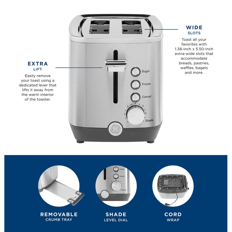 GE 2 Slice Stainless Steel Toaster, Extra Wide Slots for