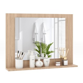 Tangkula Bathroom Mirror with Shelf, 23.5" x 17.5" Rectangle Wood Frame Bathroom Vanity Mirror for Over Sink, Wall Mounted Modern Mirror for Living Room, Entryway (Natural)