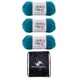 Premier Yarns Anti-Pilling Everyday Bulky Lapis 1068-20 (3-Skeins - Same Dye Lot) Weight S Bulky #6 Anti-Pilling Acrylic Yarn for Crocheting and Knitting - Bundle with 1 Artsiga Crafts Project Bag