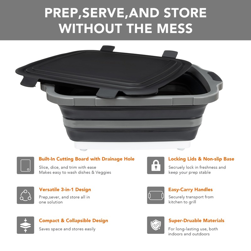 Large Collapsible BBQ Prep Tub with Locking Lid, Basket for