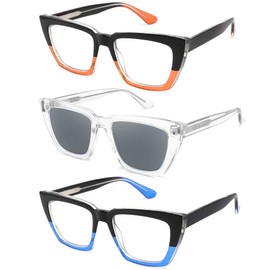 3 Pack Oversized Reading Glasses for Women Blue Light Blocking Stylish Cat Eye Computer Readers Eyeglasses for Ladies with Adjustable Temples ( 1.75 Magnification Strength include one sun readers)