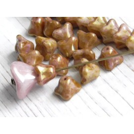 Czech 12 - 7x6mm CZECH GLASS ROSE PINK & BROWN PICASSO, LUSTER 4 PETAL BELL FLOWER