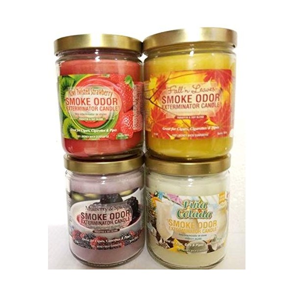 Smoke Odor Exterminator 13 oz Jar Candles Kiwi Twisted Strawberry, (4) Includes Kiwi Twisted Strawberries, Fall’N Leaves, Pina Colada & Mulberry Spice.