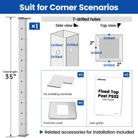 Muzata Brushed Corner Cable Railing Post T-drilled 36"x2"x2" Surface Mount One-Post Corner Solution T304 Stainless Steel Cable Railing System Kit Indoor Outdoor with Paper User Guide PS02 L34S