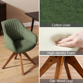 Zouron Mid Century Modern Accent Chair with Wooden Legs, Swivel Desk Chair No Wheels, Upholstered Side Armchair Vanity Chair for Small Space Home Office Living Room Bedroom, Green
