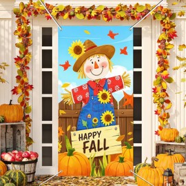 BlissYard Happy Fall Door Cover Thanksgiving Backdrop Scarecrow Sunflower Pumpkin 71x35 Inch Autumn Door Banner for Kids Porch Party Decorations Wall Decor Photo Booth Props