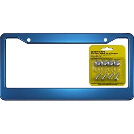 Anodized Aluminum CAR License Plate Frame with mounting Hardware - Blue Frame with Chrome caps