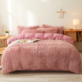 Fluffy Old Pink comforters Cover Twin Size - Ultra Soft Plush Old Pink Bedding Sets 2 Pieces (1 Faux Fur Comforter Cover + 1 Fuzzy Pillow case) Girls Shaggy Old Pink Twin Bed Set (Old Pink, Twin)