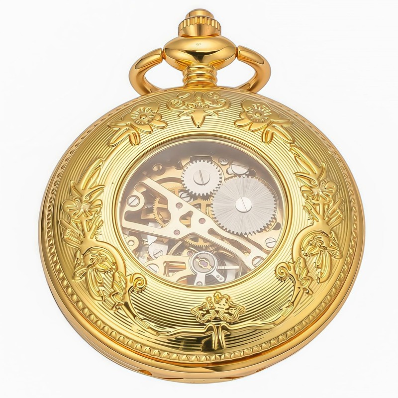 DerMacht Steampunk Gold Pocket Watch Skeleton Mechanical Gear Hand-Wind Roman