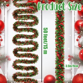 50 Feet Christmas Tinsel Garland,Metallic Twist Hanging Wreath Glitter Xmas Tree Decorations Party Supplies for Home,Stairs,Indoor,Outdoor Ornament(Red,Green)