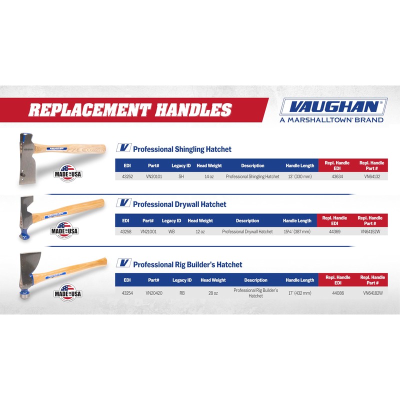 VAUGHAN 14 Inch Supreme Hickory Hatchet Handle, Made in The