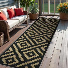 sarben Indoor Outdoor Area Rug 2.5'x8' Waterproof for Patio, Washable Rugs Non Slip, Foldable Outdoor Camping Carpet Mat for RV, Porch, Balcony, Deck, Backyard, Picnic, Black & Brown