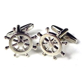 Miniblings Steering Wheel Cufflinks Box Ship Captain Helmsman Boat Men's Jewellery Cufflinks Shirt Buttons I Wooden Box Included, Metal, Without Stone