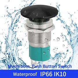 10 Amp 16mm Momentary Mushroom Push Button Switch Black Waterproof IP66 5V-250V DC/AC SPST Stainless Steel 304 5/8'' Mouting Hole with Wire