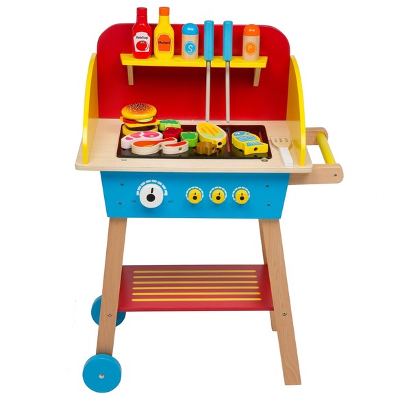 Cook 'N Grill Wood Toy BBQ Set - Includes Pretend Play Wooden Barbeque Food & Grilling Tools for Kids, Boys & Girls, More Than 30 Pieces, Fun Indoor Activity Set, Great for Daycare Centers or Gift