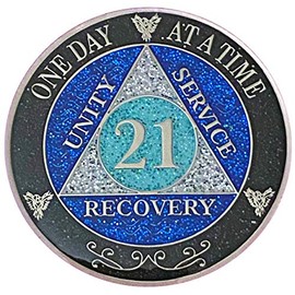 (Years 1-50) 21 Year AA Recovery Silver Color Plated Glitter Medallion, Black Rainbow, Blue, Silver Glitter Coin, Epoxy Covered (AA 21 Year Glitter Medallion)
