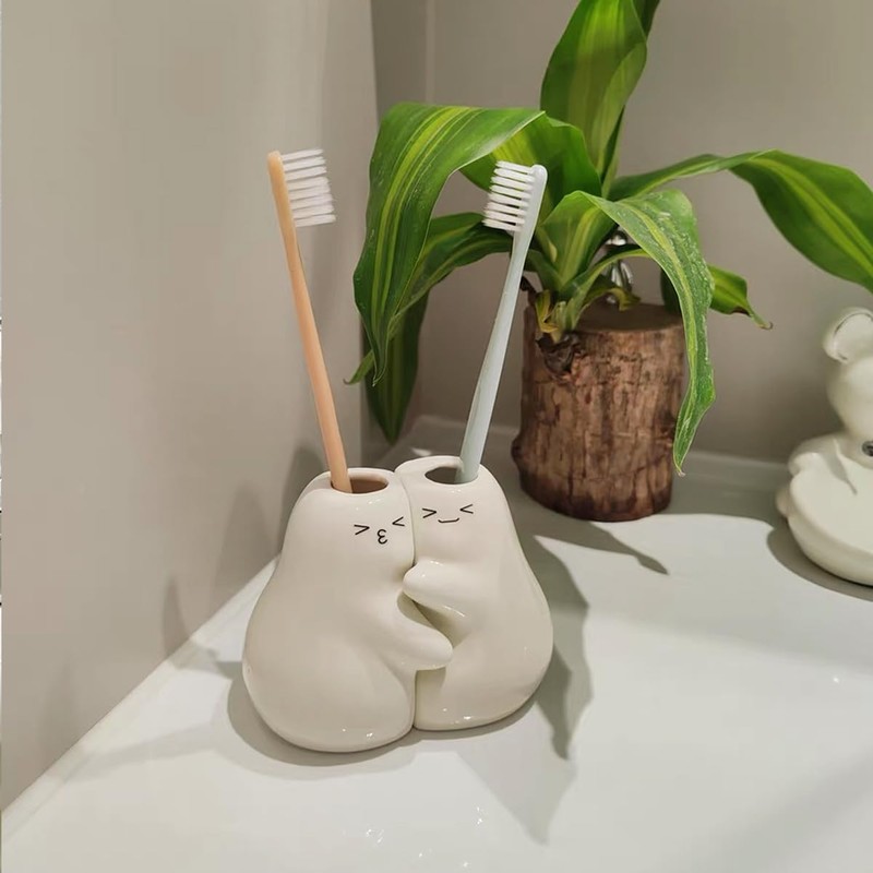 Ceramic Toothbrush Holder for Bathroom, Set of 2 Cute Tooth