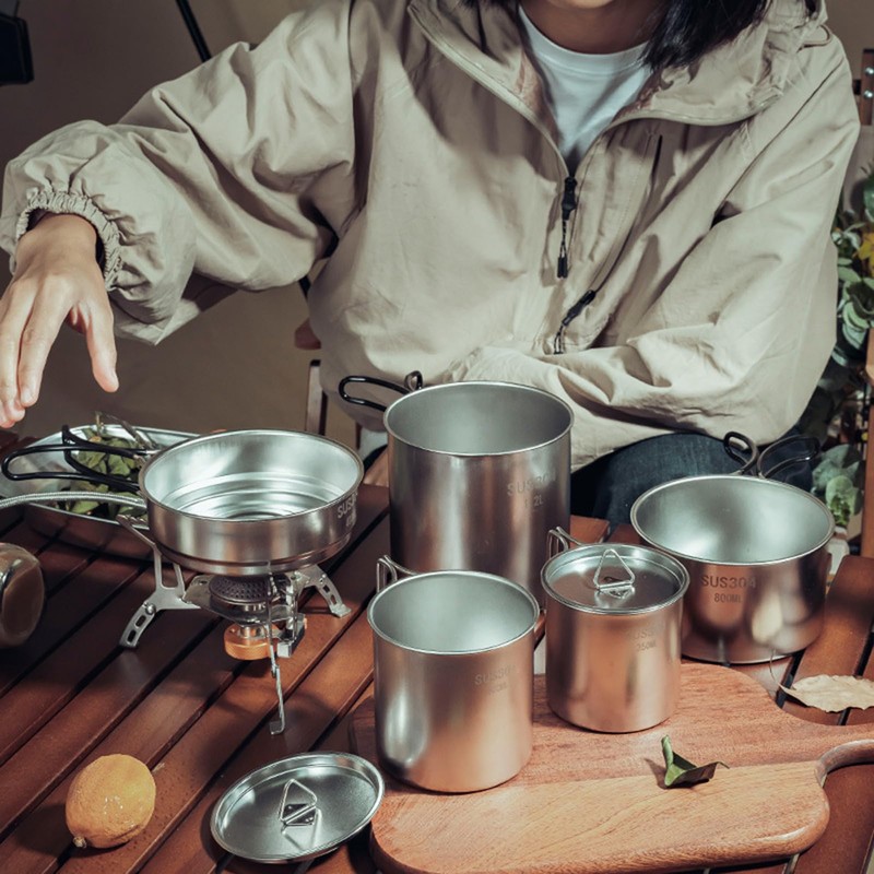 Aomiun 5 PCS Stainless Steel Camping Cookware Set, Camping Pot