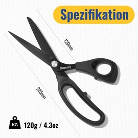 Damita Black Titanium Fabric Scissors, Dressmaking Scissors with Heavy Duty Scissors, Black Titanium Coating, High Quality Forged with TPR Handles for Home Office, Artists and Tailors 8.5" (Pack of 1)