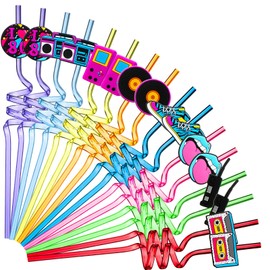 Vesici 80s Party Decor Retro Straw Hip Hop Theme 80s Party Silly Drinking Straws I Love Radio Boombox Mobile Phone Decorations for Adults, 8 Colors and Styles(48 Pcs)
