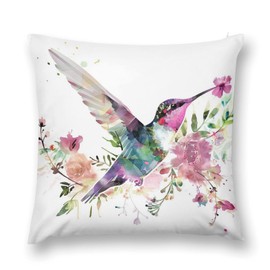 Watercolor Floral Hummingbird Decorative Throw Pillow Covers 18x18 Inch Farmhouse Cushion Cover Plush Pillow Case for Couch Sofa Bed Outdoor Home Decor