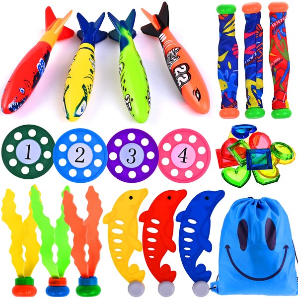 Faburo Swimming Pool Toys, 28PCS Diving Pool Toys with Diving Sticks, Torpedoes, Seaweed, Dive Diamonds, Dolphins, Dive Discs, Children's Underwater Dive Sticks Perfect for Games and Training Gifts.