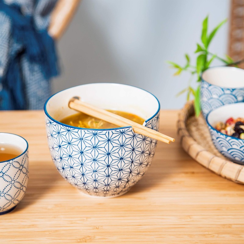 Sass and Belle Sashiko Pattern Noodle Bowl with Chopsticks