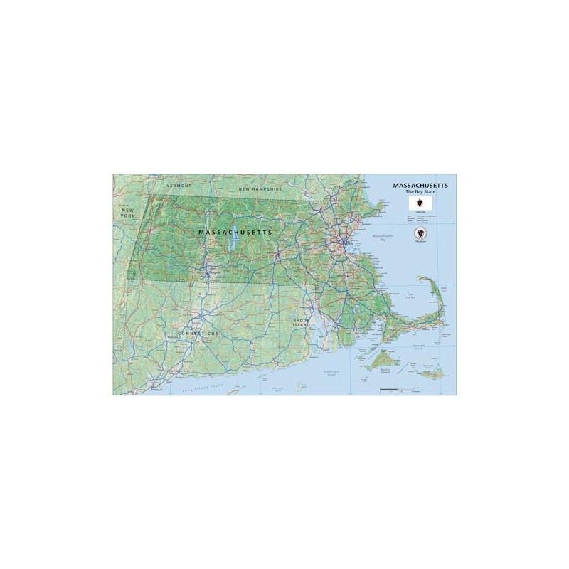 Physical State Map of Massachusetts - 23.3 x 16.5 Inches
