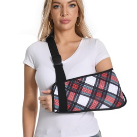 Fotgok Plaid Arm Sling for Shoulder Injury with Adjustable Buckle, Soft Embossed Fabric Shoulder Immobilizer for Men and Women, Medical Arm Sling for Rotator Cuff Surgery, Red