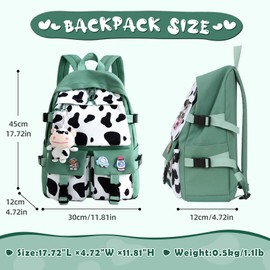 Unineovo Cow Print Backpack for Teen Girls, Cute Travel School Backpack with Plush Pendant for Girls Middle School Large Bookbag 17.7inch, Green