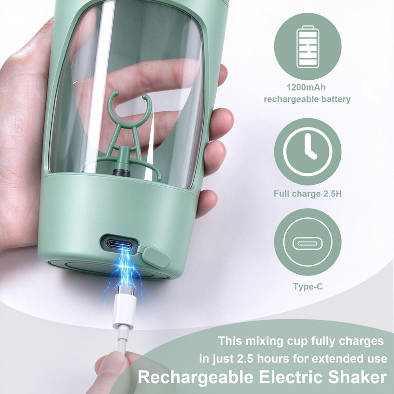 Electric Protein Shaker Bottle with Storage, USB-C, 24 oz, Green