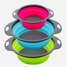 R4Retails Collapsible Kitchen Colander Set, 4 Qt and 2 Qt Strainers, Green/Blue/Purple, Set of 3