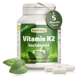 Greenfood Vitamin K2 hochdosiert - mit 1000g Vitamin K2 MK7 all trans pro Tag (150 vegane Kapseln) - fr Knochenerhalt und eine normale Blutgerinnung - ohne Zus?tze, Gentechnik, laborgeprft - Greenfood