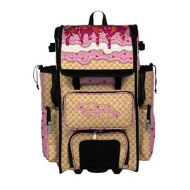 Boombah Superpack Hybrid Rolling Bat Bag - Wheeled & Backpack Version - Ice Cream Strawberry Creme Gold/Pink/Hot Pink