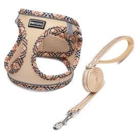 Mercano Soft Mesh Dog Harness and Leash Set, No-Chock Step-in Reflective Breathable Lightweight Easy Walk Escape Proof Vest Harnesses with Safety Buckle for Small Medium Dogs, Cats (Beige, M)