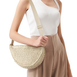HuiYStar Straw Cross Body Bag for Women Summer Braided Beach Handbag Crescent Moon Shoulder Strap with Adjustable Strap 2025, beige