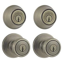 Kwikset 242 Tylo Entry Knob and Single Cylinder Deadbolt Project Pack in Antique Brass