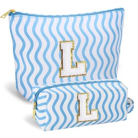 SEFORICO Initial Makeup Bag- Cosmetic Bag Cute Teen Girl Gifts Make Up Case Large Capacity Makeup Bag Travel Bag Gift for Women Valentines Day Bridesmaid Friend Birthday Gifts(Blue L)